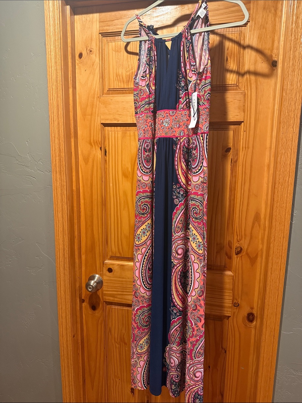 London Times Pink Paisley Maxi Dress with Navy Panel